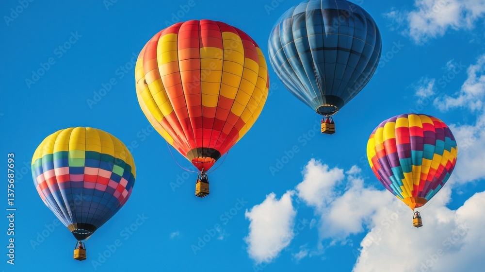 Fototapeta premium Four colorful hot air balloons soar in a vibrant blue sky.