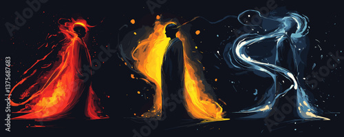 Abstract cloaked figures with fiery and icy elements in dynamic composition - vector.