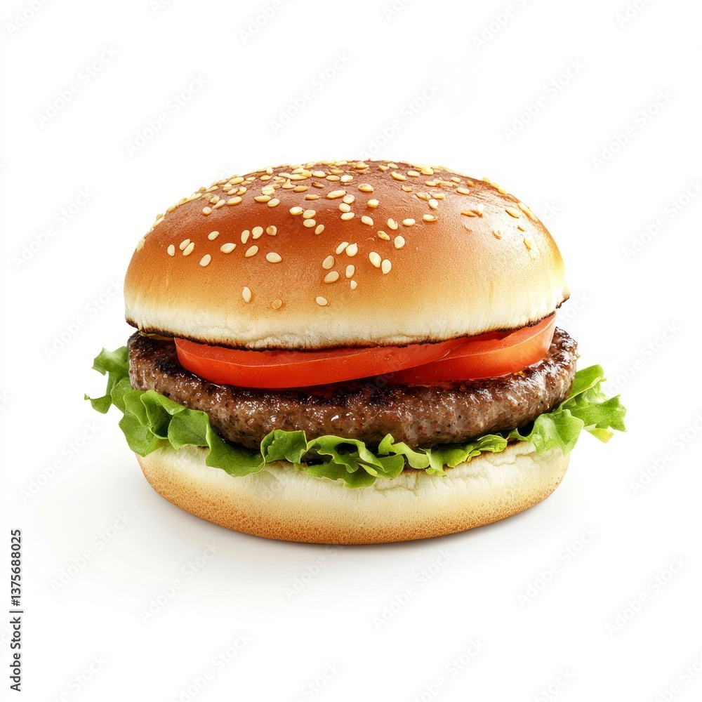 Delicious Hamburger with Beef Patty, Tomato, and Lettuce on White Delicious Hamburger with Beef Patty, Tomato, and Lettuce on White
