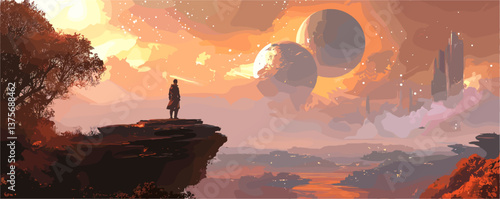 Futuristic landscape with person watching planets and city skyline at sunset - vector.