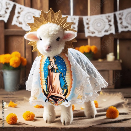 a sheep in the traditional attire of the Mexican Virgin of Guadalupe with a pale blue mantle and a gold star crown on its head