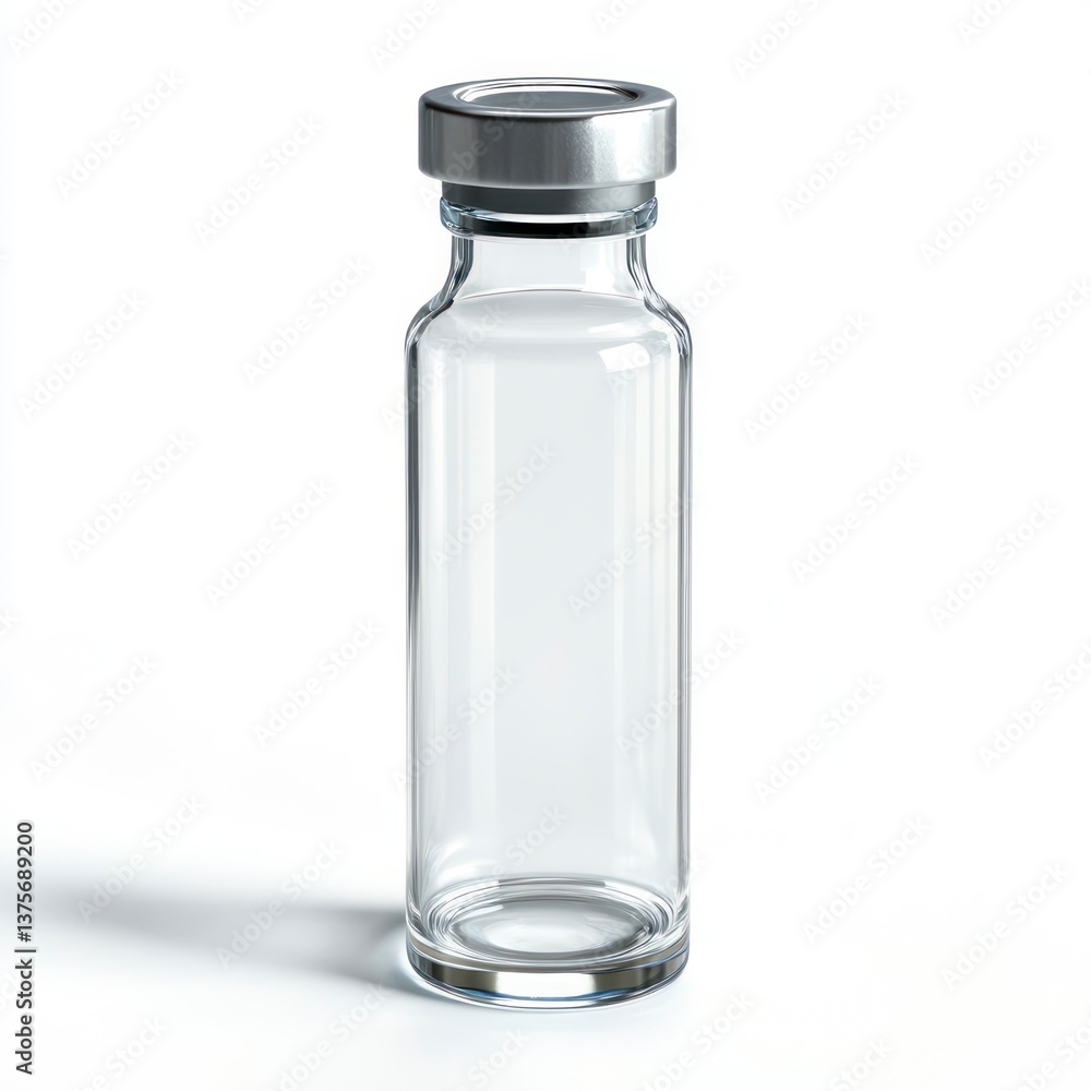Empty Glass Vial with Metal Cap on White Background for Medical Use Empty Glass Vial with Metal Cap on White Background for Medical Use