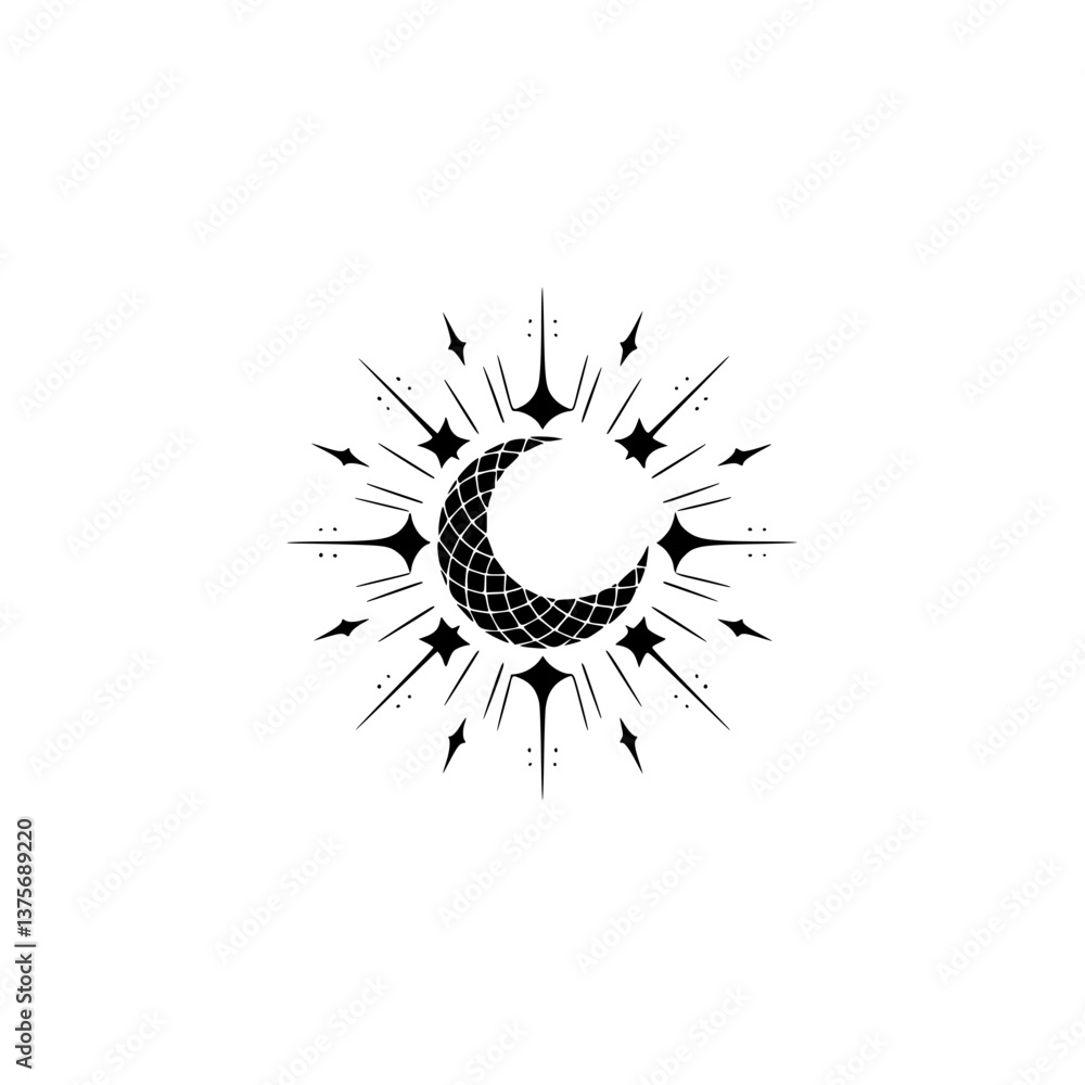 Mystical Crescent Moon and Starburst Silhouette Logo on White Mystical Crescent Moon and Starburst Silhouette Logo on White
