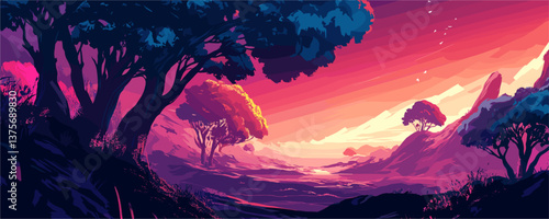Vibrant sunset landscape with silhouetted trees and colorful sky in a mountainous setting - vector.
