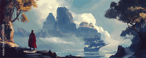 Mystical landscape with sailboat and monastery in mountains, serene scene vector.