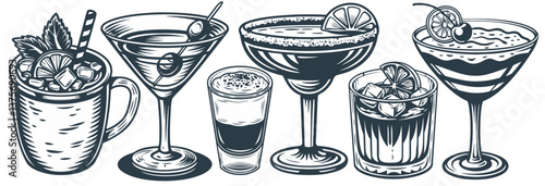 Cocktail set with tequila, martini and margarita, cosmopolitan for summer party. Set of cocktails with old fashioned, sangria and mai tai, pina colada for exotic beach bar