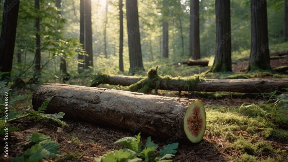 Fallen Log with Fig in Forest Setting with Sunlight Streaming Through Fallen Log with Fig in Forest Setting with Sunlight Streaming Through