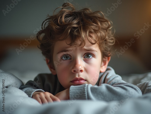 a moody boy with messy hair in bed 