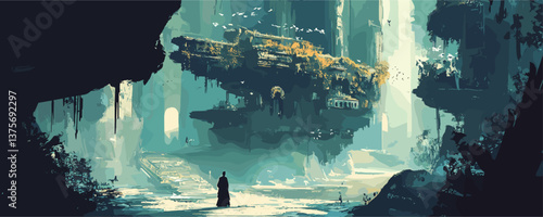 Futuristic landscape with a mysterious floating city and lone traveler - vector.