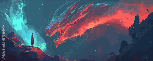 Epic encounter: lone figure faces fiery dragon in surreal landscape - vector.