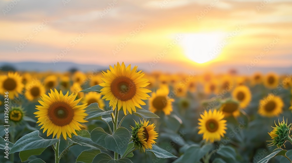 Obraz premium A field of sunflowers stretching endlessly under a pastel-colored sky.