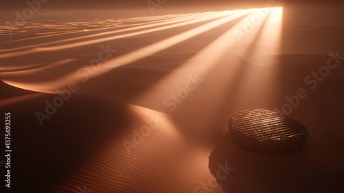 Desert landscape bathed in light. Sunbeams pierce the sky, illuminating sand dunes and a textured object. Mystical & ethereal scene
