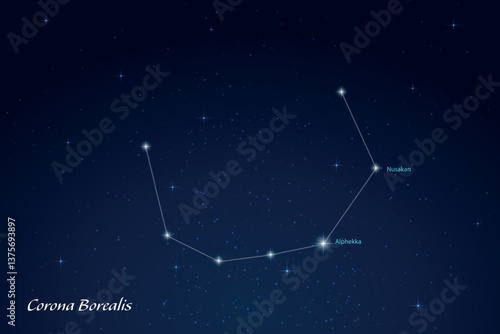 Corona Borealis Constellation with Star Names in Night Sky
