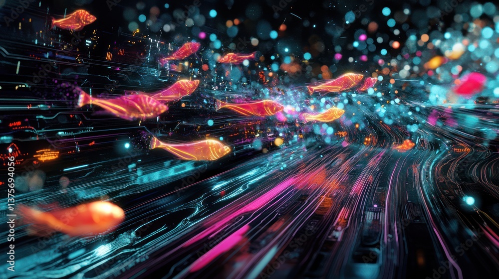 Obraz premium Digital abstract artwork featuring glowing fish in a vibrant scene