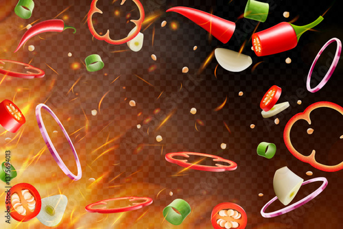 Red chili splashing with chili powder, garlic, onion elements on fire background. Flying and burning vegetables on dark background. Vector realistic in 3D illustration.