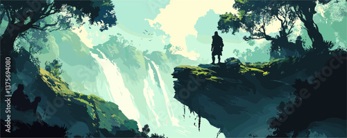Silhouetted figure on cliff overlooking waterfall in lush forest landscape - vector.