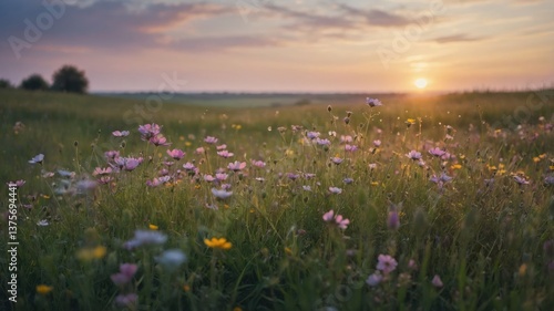 Wallpaper Mural Wildflowers in Meadow at Sunset Serene Nature Scene with Warm Light Torontodigital.ca