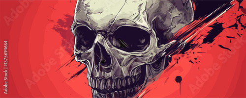 Detailed skull on red background with splatter effects, vector.