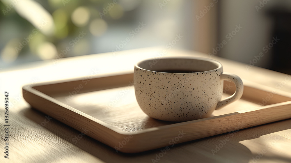 Morning Ritual: A speckled mug of rich, dark coffee on a wooden tray, basking in the sunlight. Morning Ritual: A speckled mug of rich, dark coffee on a wooden tray, basking in the sunlight.