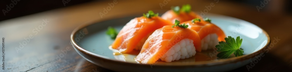 A plate of sushi with a single piece of salmon on top , food, morning A plate of sushi with a single piece of salmon on top , food, morning