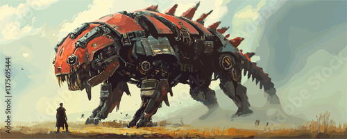 Massive robotic dinosaur confronts lone wanderer on vast open plain - vector.