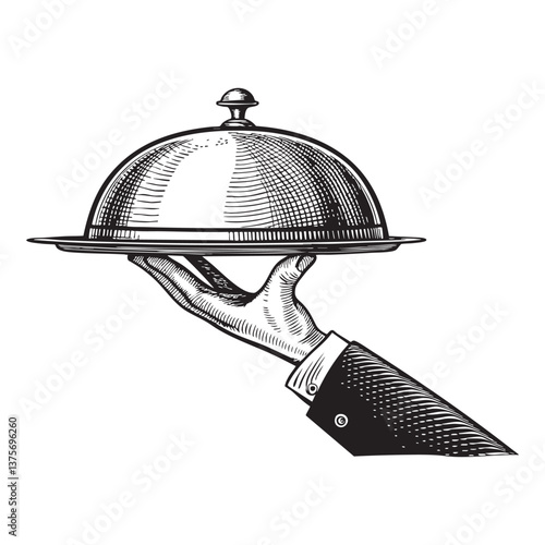 Waiter hand holding cloche woodcut engraving vector illustration