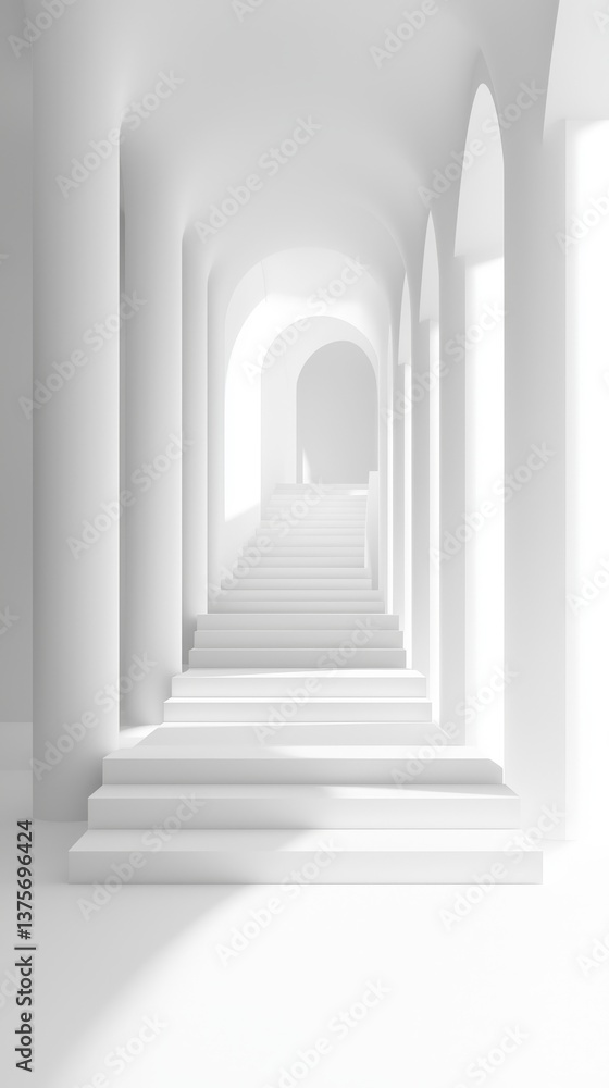 A minimalist staircase with white arches leading into a bright, serene space. A minimalist staircase with white arches leading into a bright, serene space.