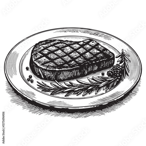 beef steak on plate woodcut engraving vector illustration