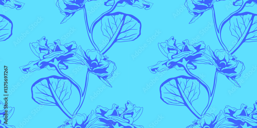 Fototapeta premium Vibrant blue floral seamless pattern. Stylish line art design perfect for textile prints, wallpapers, and website backgrounds. Evokes a sense of serenity and summer. Modern, minimalist aesthetic.