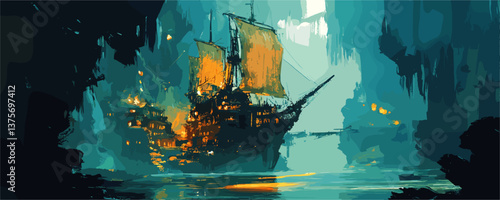 Mysterious pirate ship in gloomy cave with sails glowing at night – vector.