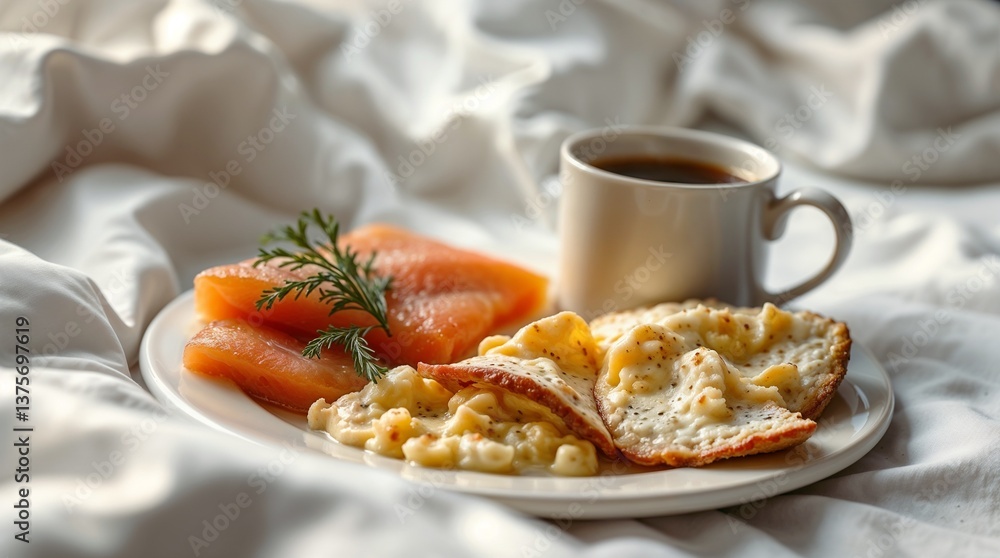 Savory breakfast with eggs and salmon, cozy ambiance, coffee in bed Savory breakfast with eggs and salmon, cozy ambiance, coffee in bed