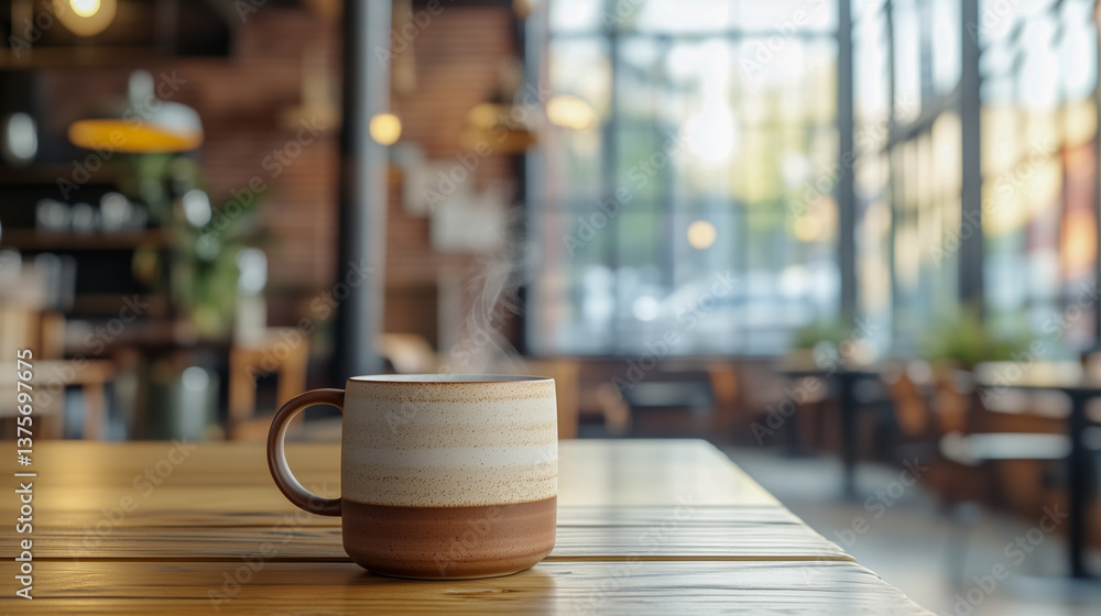 Craft ceramic mug, standing on a wooden table in a loft type cafeteria. Craft ceramic mug, standing on a wooden table in a loft type cafeteria.