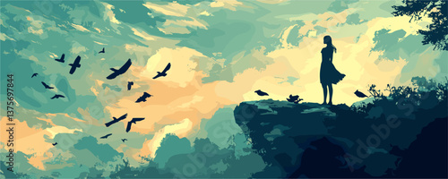 Silhouette of a woman on cliff with birds in a scenic sky landscape - vector.