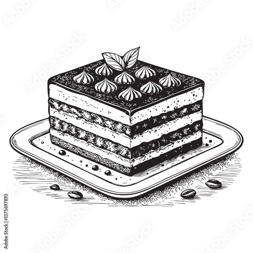 tiramisu woodcut engraving vector illustration