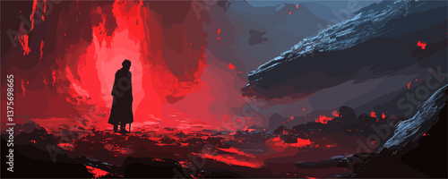 Mysterious figure in lava cave with dragon silhouette, eerie landscape vector.