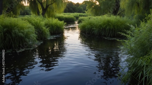 Calm Water Flowing Through Lush Green Meadow at Sunset