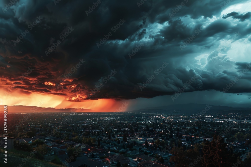Fototapeta premium A cityscape is illuminated by a fiery orange sunset, with dramatic storm clouds overhead, Unpredictable and ever-changing weather patterns