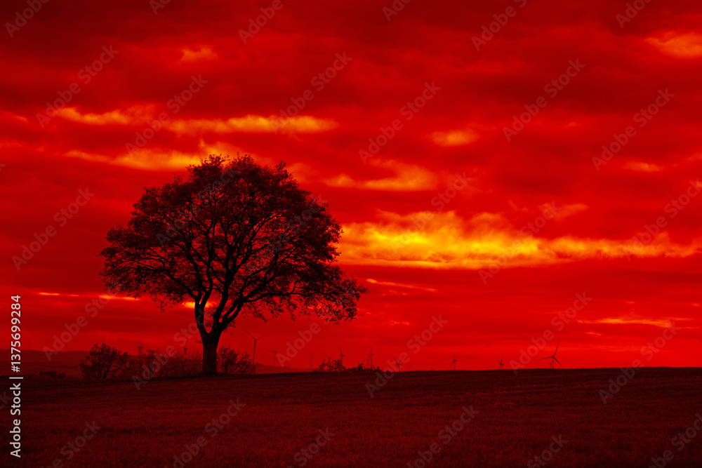 Obraz premium Big tree silhouette on a red sky background