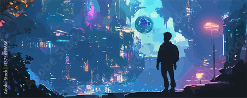 Silhouetted figure observing futuristic cityscape under neon sky - vector.