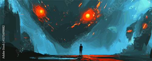 Silhouetted human facing fiery-eyed monster in surreal landscape - vector.