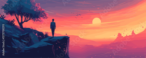Lone figure on cliff edge during vibrant sunset landscape with tree and birds - vector.