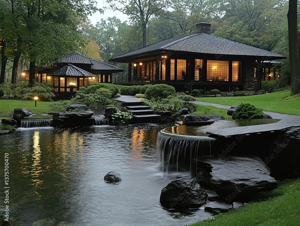 Obraz premium A house with a large pool and a waterfall in front of it. The house is surrounded by trees and has a lot of greenery. The water in the pool is calm and the waterfall is flowing gently