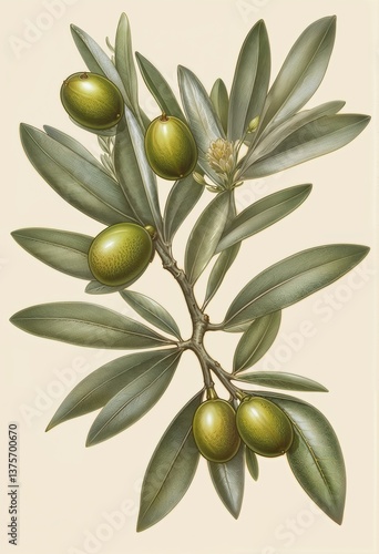 Realistic illustration of an olive branch with green olives and leaves on a light background