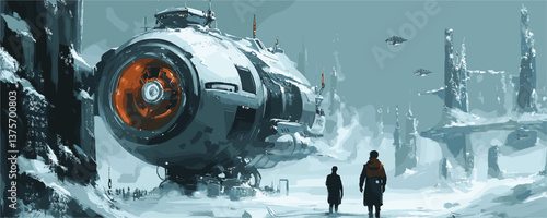 Futuristic winter landscape with spacecraft and people walking in snow - vector.
