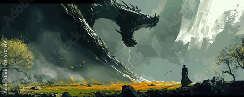 Epic moment of confrontation: warrior facing enormous dragon in mysterious landscape - vector.