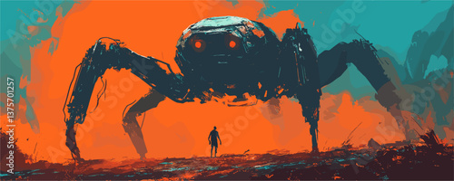 Futuristic giant robot confronts human on alien landscape in abstract art - vector.