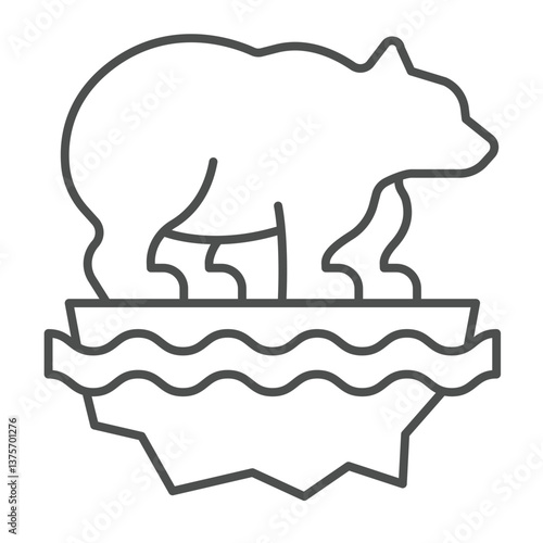 White bear on calving iceberg thin line icon, climate change concept. Vector graphics. Wild animal in trouble, ice melting sign on white background, outline style icon for mobile or web design.