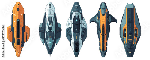 Futuristic spaceship designs - top view collection set of five - vector.
