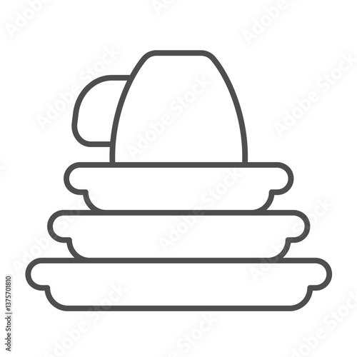 Three ceramic plates and cup thin line icon, culinary cooking concept. Vector graphics. Clean dishes, washing sign on white background, outline style icon for mobile or web design.