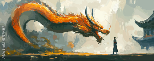 Majestic orange dragon confrontation with woman near pagoda, traditional asian art style - vector.